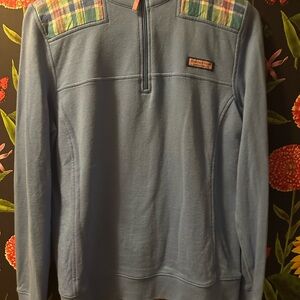 Vineyard Vines Blue Zip-Up Sweater with Plaid Shoulders Men’s size S quarter zip